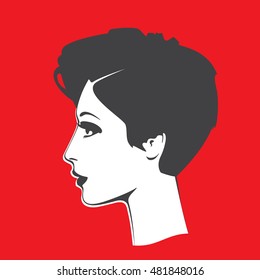 Pretty woman in profile, black-and-white drawing. Logo. Avatar. Icon. Red background. 