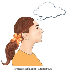 Pretty woman profile with text bubble