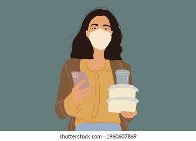 Pretty woman in protective facial mask with phone and takeaway food. Flat style. Vector illustration.