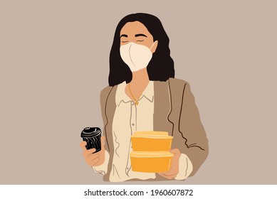 Pretty woman in protective facial mask took the order of takeaway food and coffee to go. Flat style. Vector illustration.