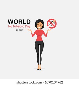Pretty woman and Quit Tobacco vector logo design template.May 31st World No Tobacco Day concept.Stop Smoking.No Smoking Day.No Tobacco Day Awareness Idea Campaign.Vector illustration.
