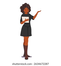 Pretty woman quiz game presenter, talk show interviewer cartoon character isolated on white background. Female contest event performer, television anchorwoman full-length portrait vector illustration