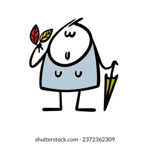 Pretty woman in raincoat stands with bouquet of yellow and red leaves and umbrella-cane. Vector illustration of cute young girl enjoying nature and good weather in leaf fall. Isolated character.