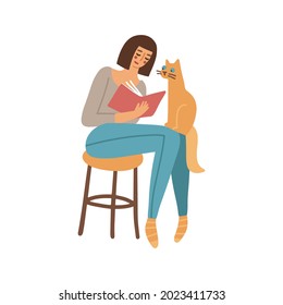 Pretty Woman is reading a book sitting on the stool, and the cat is sitting on her knees. Quarantine, stay home. Love reading concept. Modern flat vector illustration