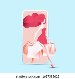 Pretty woman in red dress holding shopping bags step out from smartphone display screen. Online shopping concept. Vector illustration.