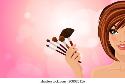 Pretty woman with red hairs holding make up equipment on pink shiny background vector illustration