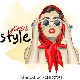 Pretty woman in red head scarf and sunglasses cartoon illustration. Retro pinup stylish design. Attractive lady holding head. Girslish fashion look with lettering. Trendy sublimation print, t shirt