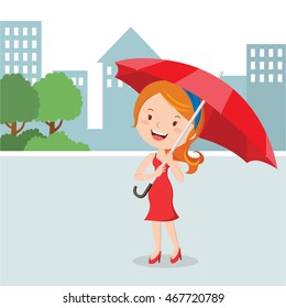 Pretty woman with red umbrella. Vector illustration of young woman holding red umbrella.
