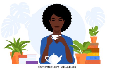 Pretty woman relaxing with cup of tea at home. Cheerful girl resting, studying or reading in cozy place. Beautiful female character, houseplants, books, pot, cup. Illustration in modern style.