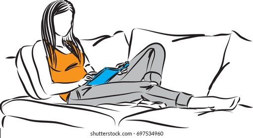 PRETTY WOMAN RELAXING READING A BOOK VECTOR ILLUSTRATION