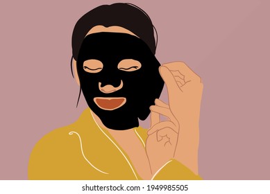 Pretty woman removes fabric detox coal mask from the face . Clean and beauty skincare concept. Wellness and anti-age. Vector Illustration.
