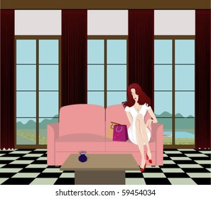 Pretty woman resting at the lobby of a hotel after shopping