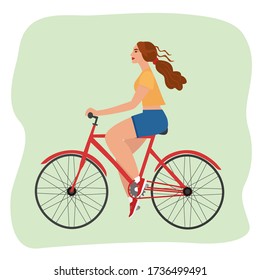 A pretty woman rides a Bicycle in the spring. Cute vector illustration in flat style