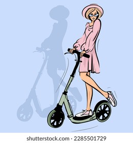 Pretty woman rides an electric scooter. Beautiful young lady. Vector background. Fashion illustration. Isolated vector. 