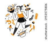 Pretty woman running her hand holding food, Illustration of a line art doodle style 