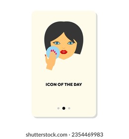 Pretty woman scrubbing face skin flat vector icon. Cartoon drawing of girl powdering cheeks isolated vector illustration. Face beauty, cleaning and hygiene concept for web design and apps