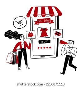 Pretty woman shopping online with mobile phone a man shouting through megaphone to promoting or selling. Hand drawn vector illustration doodle style.