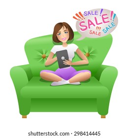 Pretty woman shopping online. Vector illustration