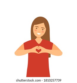 Pretty woman show a message of love hand gesture for both hands. Hand fold into heart symbol vector illustration on white background.