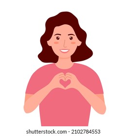 Pretty Woman Show A Message Of Love Hand Gesture For Both Hands. Hand Fold Into Heart Symbol Vector Illustration On White Background.