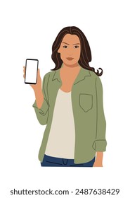 Pretty woman showing mobile phone screen.  Casual female character holding smartphone with blank screen. Phone mockup, advertising. Flat vector cartoon illustration isolated on white background