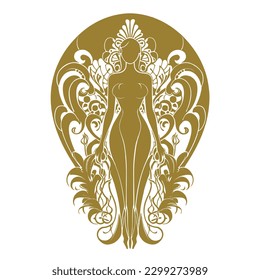 Pretty woman silhouette surrounded by vintage flowers in art nouveau style. Vector Gold beautiful woman silhouette on white background. Old retro antique style isolated decorative luxury design.