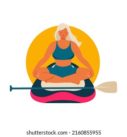 Pretty woman sit in lotus position on a stand up paddle board. SUP yoga. Vector illustration in flat style