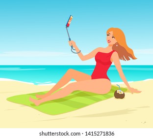 A pretty woman sits on a beach towel, makes a selfie shot, smiling. Red colored one-piece swimsuit. Lady sunbathing at the sunny ocean seaside. Vector cartoon illustration.