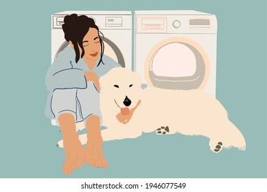 A pretty woman sitting with a big white dog near washing machine while waiting the end of the washing cycle. Housewife doing routine. Flat style. Vector illustration