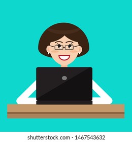A pretty woman is sitting at a computer. Vector illustration.