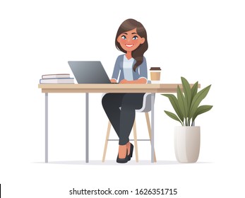 Pretty woman is sitting at  desktop. Office employee at the workplace. Work at the laptop. Vector illustration in cartoon style