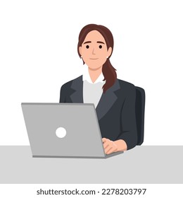 Pretty woman is sitting at desktop. Office employee at the workplace. Work at the laptop. Flat vector illustration isolated on white background