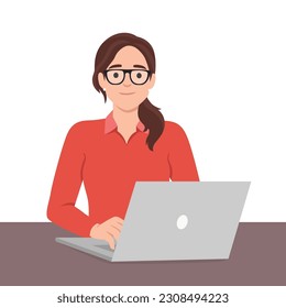 Pretty woman is sitting at desktop. Office employee at the workplace. Work at the laptop. Flat vector illustration isolated on white background