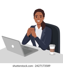 Pretty woman is sitting at desktop. Office employee at the workplace. Work at the laptop. Flat vector illustration isolated on white background