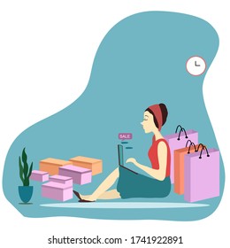 Pretty woman sitting with laptop and colorful box and shopping bags maktintressen online shopping.working at home. Sele and Shopping online. Plat isometric vector illustration isolated on background 