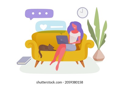 Pretty woman sitting on the couch with a laptop. Perfect for remote work backgrounds, freelance infographics, site hero images. Flat style modern vector illustration.