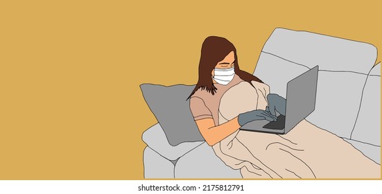 Pretty woman sitting on the green sofa with with coffee and using phone while put her feet on the coffee table. Relaxing after working on laptop. . Flat style. Vector illustration