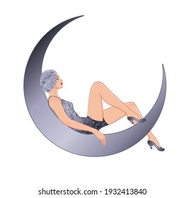 Pretty woman sitting on vintage paper crescent  moon. Flapper girl. Retro party invitation design. Vector illustration. Beaty in art deco style. Retro fashion: glamour lady of twenties.