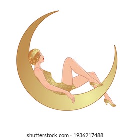 Pretty woman sitting on vintage paper crescent  moon. Flapper girl. Retro party invitation design. Vector illustration. Beaty in art deco style. Retro fashion: glamour lady of twenties.