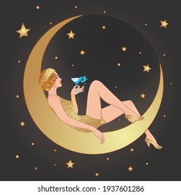 Pretty woman sitting on vintage paper crescent  moon. Flapper girl. Retro party invitation design. Vector illustration. Beaty in art deco style. Retro fashion: glamour lady of twenties.