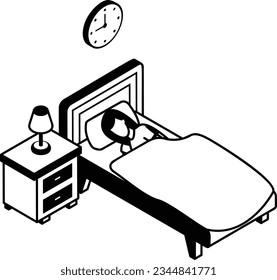 Pretty Woman Sleeping In Bed isometric Concept, Full Night Sleep Vector Icon Design, Free time activities Symbol, Extracurricular activity Sign, hobbies interests Stock Illustration