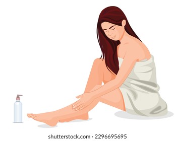 pretty woman with slender legs puts moisturising cream on healthy skin