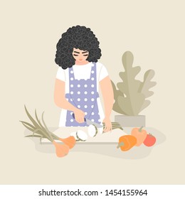 Pretty woman slices zucchini and other vegetables for cooking vegetable stew. Healthy food isolated illustration