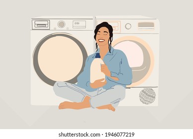 A pretty woman smiling and holding detergent in big white bottle on laundry background. Housewife doing routine. Washing and drying machine. Flat style. Vector illustration