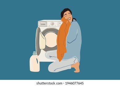 A pretty woman smiling and hugging a gentle scarf after softener near washing machine. A big white bottle of detergent. Housewife doing routine. Flat style. Vector illustration 