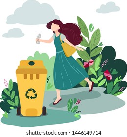 Pretty woman sort  plastic garbage into containers for recycling. Waste sorting motivational vector illustration. Zero waste life style.