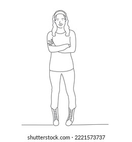 Pretty woman standing with arms crossed. Hand drawn vector illustration. Black and white.