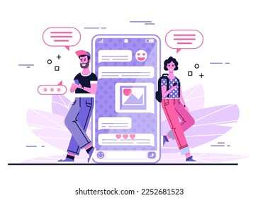 Pretty woman is standing and chatting with handsome man with huge phone. Virtual relationship. Chat bubble. Modern vector illustration