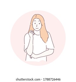 Pretty woman standing and posing. Hand drawn character style vector.