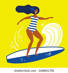 pretty woman stay on surf vector illustration